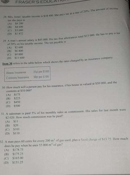 FRASER'S EDUCAT"
28. Mrs. Jones' taxable income is $18 400. She pays tax at a rate of 20%. The amount of income
tax she pays is
(A) $9 200
(B) $4 600
(C) $3 680
(D) $1 472
29. A man’s annual salary is $45 000. His tax-free allowances total $13 000. He has to pay a tax
of 20% on his taxable income. The tax payable is
(A) $2 600
(B) $6 400
(C) $9 000
(D) $11 600
Item 30 refers to the table below which shows the rates charged by an insurance company.
House Insurance 25¢ per $100
Contents Insurance 50p per $100
30. How much will a person pay for his insurance, if his house in valued at $50 000, and the
contents at $10 000?
(A) $175
(B) S225
(C) $450
(D) $500
31. A salesman is paid 5% of his monthly sales as commission. His sales for last month were
$2 020. How much commission was he paid?
(A) $11
(B) S20
(C) $101
(D) $110
32. A man pays 60 cents for every 200m^3 of gas used, plus a fixed charge of $13.75. How much
does he pay when he uses 55000m^3 of gas?
(A) $178.75
(B) $175.25
(C) $165.00
(D) $151.25