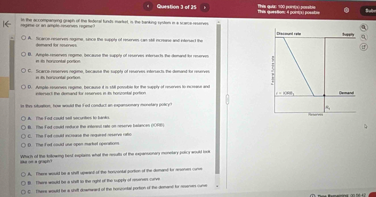 This quiz: 100 point(s) possible
Question 3 of 25 J This question: 4 point(s) possible Subn
In the accompanying graph of the federal funds market, is the banking system in a scarce-reserves
regime or an ample-reserves regime?
A. Scarce-reserves regime, since the supply of reserves can still increase and intersect the
demand for reserves
B. Ample-reserves regime, because the supply of reserves intersects the demand for reserves
in its horizontal portion
C. Scarce-reserves regime, because the supply of reserves intersects the demand for reserves
in its honzontal portion.
D. Ample-reserves regime, because it is still possible for the supply of reserves to increase and
intersect the demand for reserves in its horizontal portion 
In this situation, how would the Fed conduct an expansionary monetary policy?
A. The Fed could sell securities to banks 
B. The Fed could reduce the interest rate on reserve balances (IORB)
C. The Fed could increase the required reserve ratio
D. The Fed could use open market operations
like on a graph? Which of the following best explains what the results of the expansionary monetary policy would look
A. There would be a shift upward of the honzontal portion of the demand for reserves curve
B. There would be a shift to the right of the supply of reserves curve
C There would be a shift downward of the horizontal portion of the demand for reserves curve
Tme Remainina: 00 %64