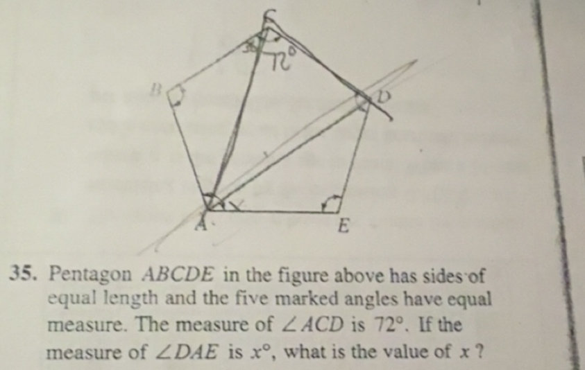 Solved: Pentagon ABCDE in the figure above has sides of equal length ...