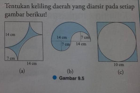 Tentukan keliling daerah yang diarsir pada setiap 
gambar berikut! 

(a) (b) (c) 
Gambar 9.5