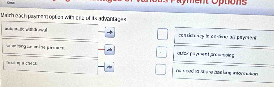 Chack Payment Options
Match each payment option with one of its advantages.
automatic withdrawal consistency in on-time bill payment
submitting an online payment quick payment processing
mailing a check no need to share banking information