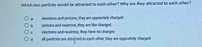 Which two particles would be attracted to each other? Why are they attracted to each other?
electrons and protons, they are oppositely charged
b protons and neutrons, they we like charged
c electrons and neutrons, they have no charges
d all particles are sttripted to each other, they are oppositely charged