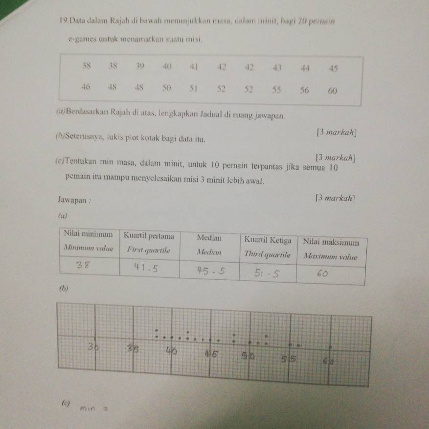 Data dalam Rajah di bawah menunjukkan masa, dalam minit, bagi 20 peman 
e-games untuk menamatkan suatu misi. 
(2)Berdasarkan Rajah di atas, lengkapkan Jadual di ruang jawapan. 
[3 markah] 
()Seterusnya, lukis plot kotak bagi data itu. 
[3 markah] 
(c)Tentukan min masa, dalam minit, untuk 10 pemain terpantas jika semua 10
pemain itu mampu menyclesaikan misi 3 minit lebih awal. 
Jawapan : 
[3 markah] 
(a)
36 38.
45 5n 5 ' Is 6 0 
(c) m in z