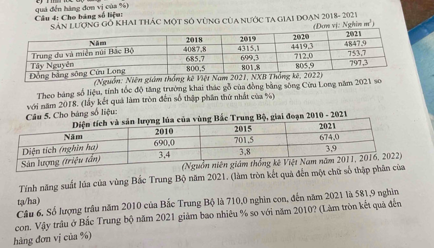 quả đến hàng đơn vị của %) 
Câu 4: Cho bảng số liệu: 
SAN LƯợNG GÔ KHAI THÁC MỌT SÓ VùNG CủA NƯỚC TA GIAI ĐOẠN 2018- 2021 
(Đơn vị: Nghìn m^3)
(Nguồn: Niên giám thống kê Việt 
Theo bảng số liệu, tính tốc độ tăng trưởng khai thác gỗ của đồng bằng sông Cửu Long năm 2021 so 
với năm 2018. (lấy kết quả làm tròn đến số thập phân thứ nhất của %) 
Câu 5. Cho bảng số liệu: 
ộ, giai đoạn 2010 - 2021 
Tính năng suất lúa của vùng Bắc Trung Bộ năm 2021. (làm tròn kết quả đến một chữ số thậ 
tạ/ha) 
Câu 6. Số lượng trâu năm 2010 của Bắc Trung Bộ là 710,0 nghìn con, đến năm 2021 là 581, 9 nghìn 
con. Vậy trâu ở Bắc Trung bộ năm 2021 giảm bao nhiêu % so với năm 2010? (Làm tròn kết quả đến 
hàng đơn vị của %)