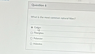 What is the most common natural fiber?
Cotton
Fiberglass
Polyester
Asbestos