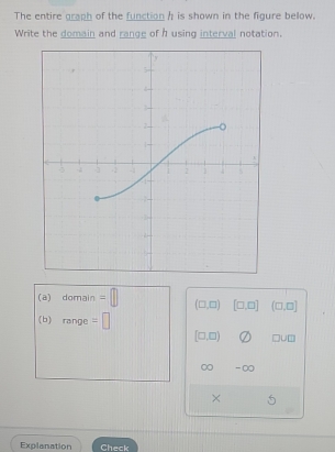 The entire graph of the functionh is shown in the figure below. 
Write the domain and range of h using interval notation. 
(a) domain=□ (□ ,□ ) [□ ,□ ] (□ ,□ ]
(b) range=□
[□ ,□ ) □ U□
0 -∞ 
× 
Explanation Check