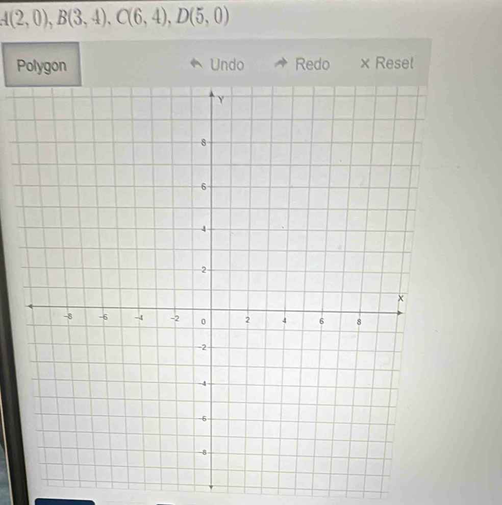 A(2,0), B(3,4), C(6,4), D(5,0)
Polygon Undo Redo × Resel