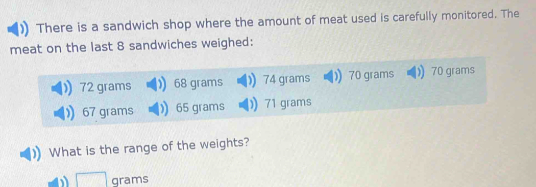 There is a sandwich shop where the amount of meat used is carefully monitored. The
meat on the last 8 sandwiches weighed:
72 grams 68 grams 74 grams 70 grams ) 70 grams
67 grams 65 grams 71 grams
What is the range of the weights?
grams