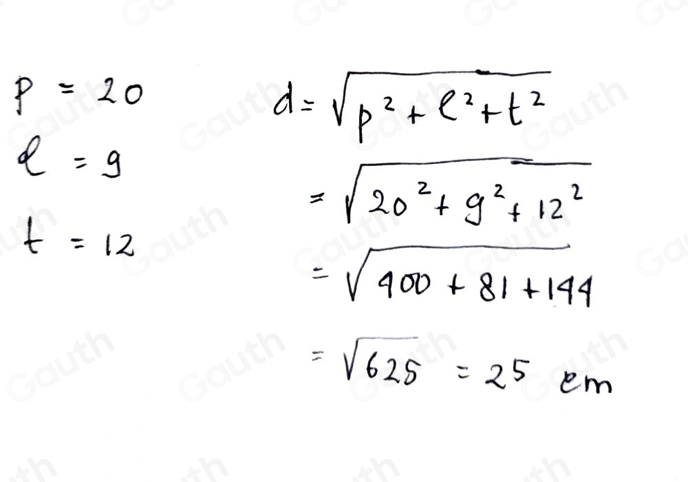 p=20
d=sqrt(p^2+e^2+t^2)
l=9
=sqrt(20^2+9^2+12^2)
t=12
=sqrt(400+81+144)
=sqrt(625)=2^5em