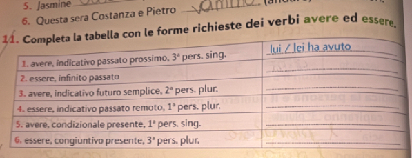 Jasmine
6. Questa sera Costanza e Pietro _a 
1con le forme richieste dei verbi avere ed essere.