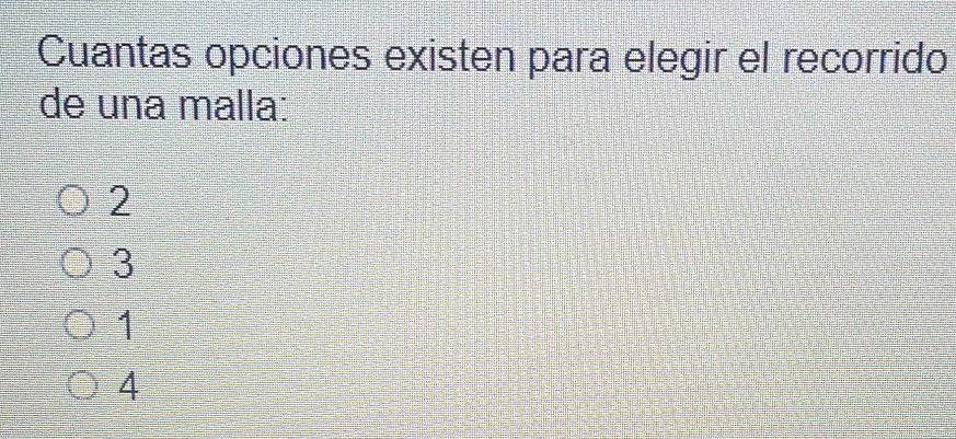 Cuantas opciones existen para elegir el recorrido
de una malla:
2
3
4