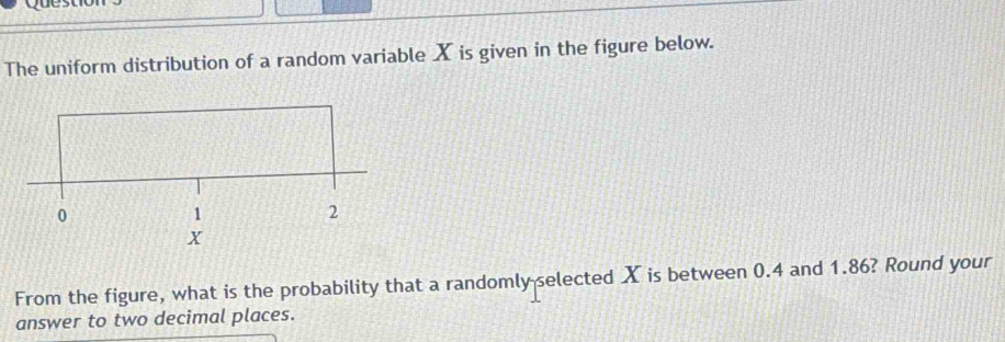 The uniform distribution of a random variable X is given in the figure below. 
From the figure, what is the probability that a randomly selected X is between 0.4 and 1.86? Round your 
answer to two decimal places.