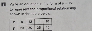 Write an equation in the form of y=kx
to represent the proportional relationship 
shown in the table below.