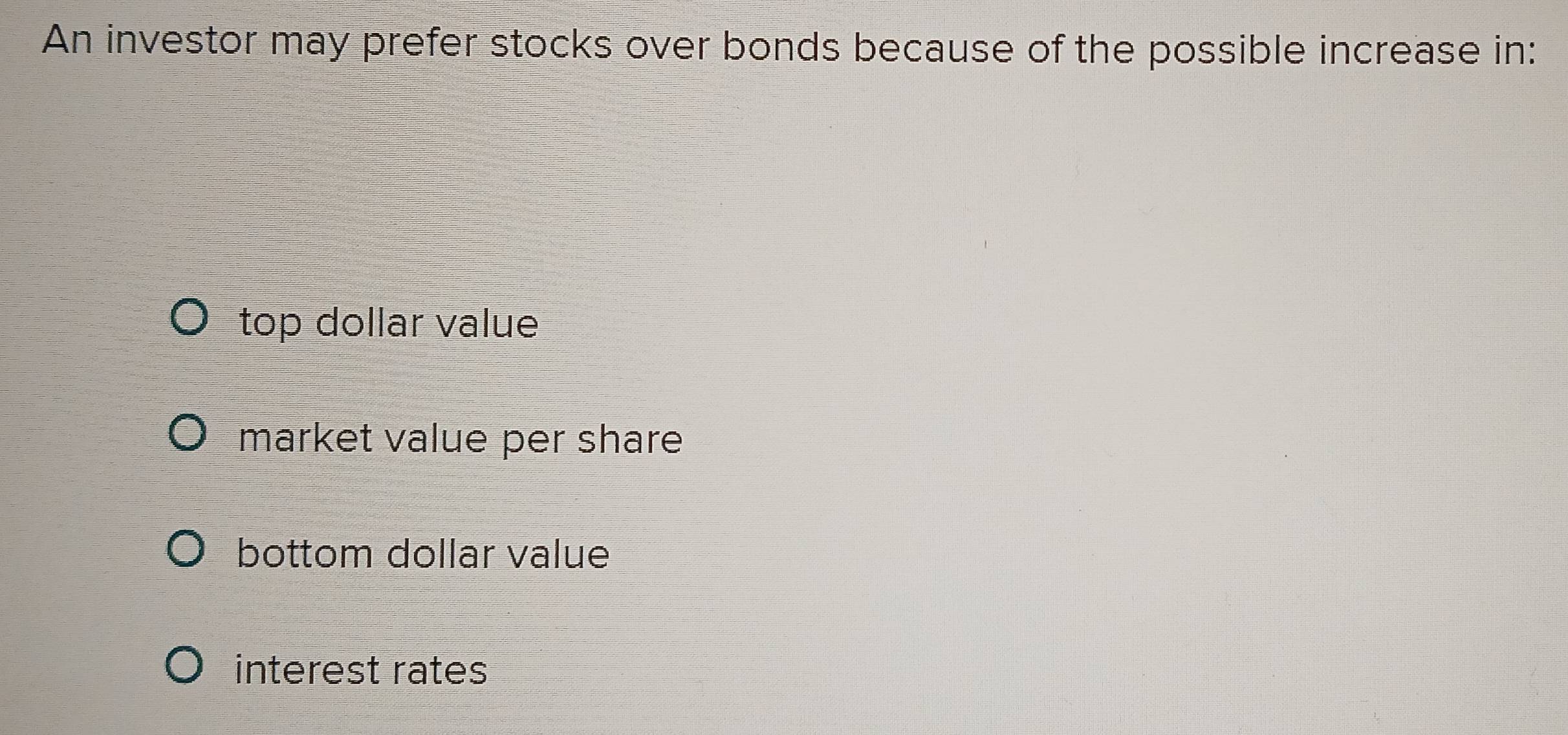 Solved: An investor may prefer stocks over bonds because of the ...