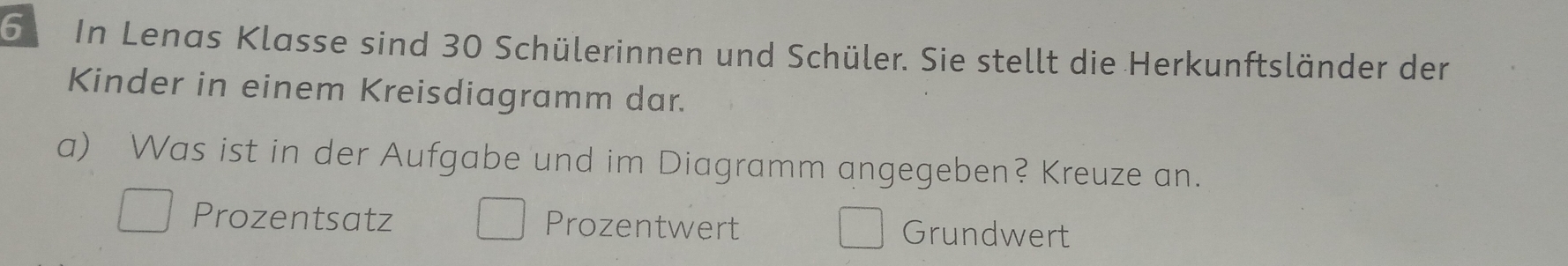 In Lenas Klasse sind 30 Schülerinnen und Schüler. Sie stellt die Herkunftsländer der 
Kinder in einem Kreisdiagramm dar. 
a) Was ist in der Aufgabe und im Diagramm angegeben? Kreuze an. 
Prozentsatz Prozentwert Grundwert