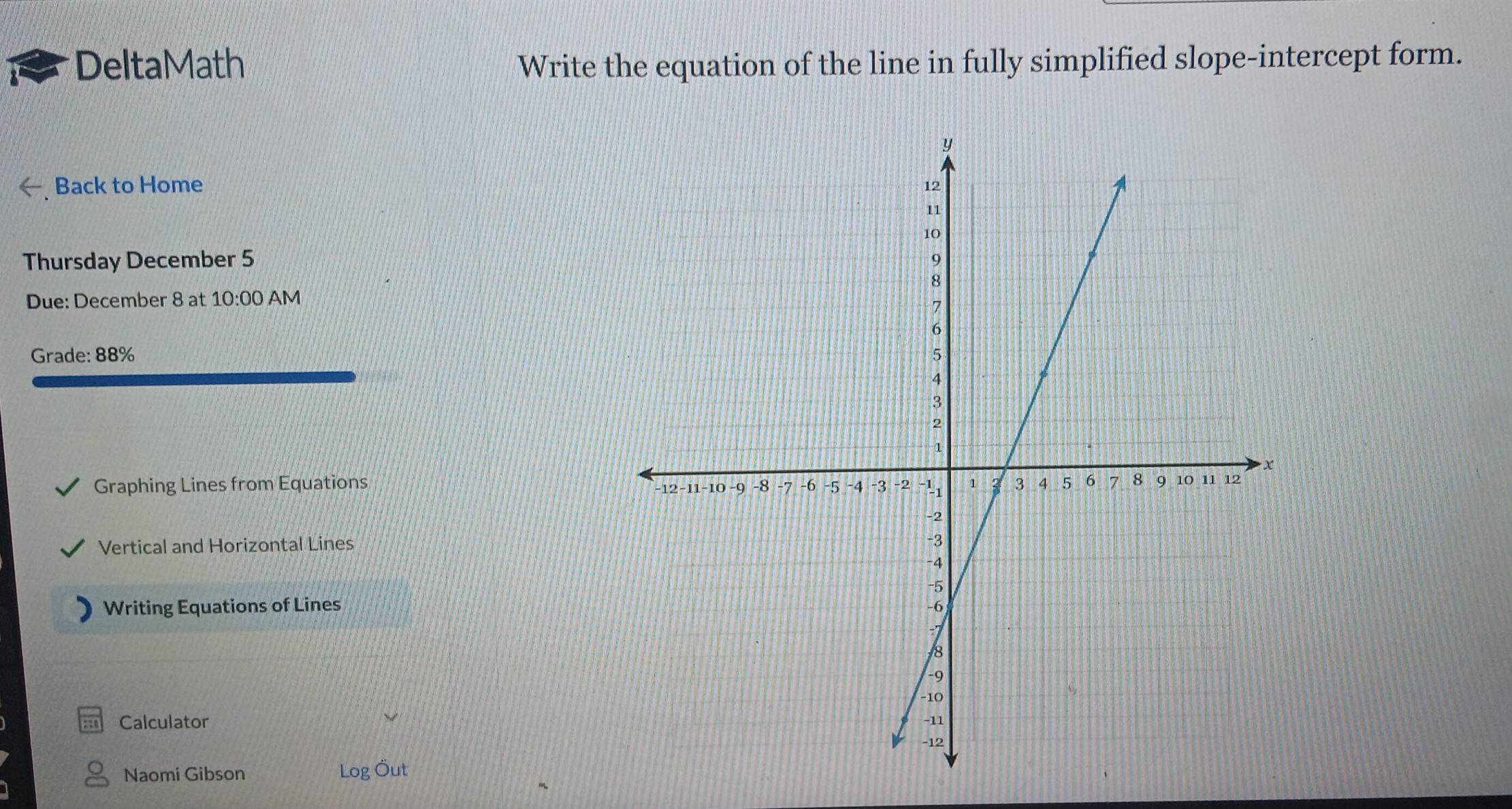 DeltaMath Write the equation of the line in fully simplified slope-intercept form.
Back to Home 
Thursday December 5
Due: December 8 at 10:00 AM
Grade: 88% 
Graphing Lines from Equations
Vertical and Horizontal Lines
Writing Equations of Lines
Calculator 
Naomi Gibson Log Öut