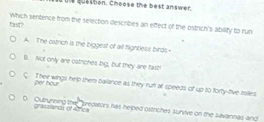 the question. Choose the best answer.
Which sentence from the selection describes an effect of the ostrich's ability to run
fast?
A. The ostrich is the biggest of all flightless birds.-
B. Not only are ostriches big, but they are fast!
per hour
C. Their wings help them balance as they run at speeds of up to forty- five miles
D. Outrunning the predators has helped ostriches survive on the savannas and
grasslands of Alfica