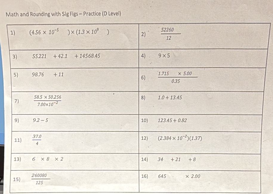 Math and Rounding with Sig Figs - Practice (D Level)