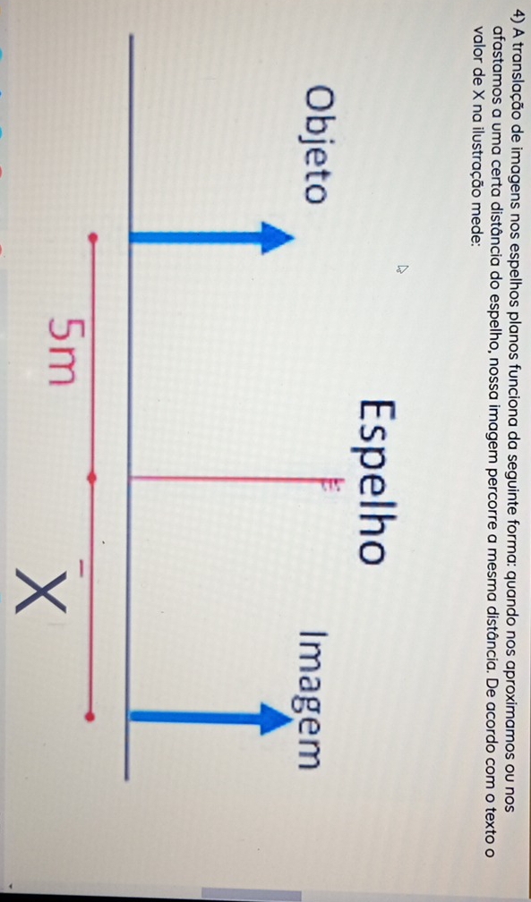 A translação de imagens nos espelhos planos funciona da seguinte forma: quando nos aproximamos ou nos 
afastamos a uma certa distância do espelho, nossa imagem percorre a mesma distância. De acordo com o texto o 
valor de X na ilustração mede:
X