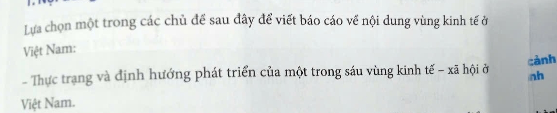 Lựa chọn một trong các chủ để sau đây để viết báo cáo về nội dung vùng kinh tế ở 
Việt Nam: 
- Thực trạng và định hướng phát triển của một trong sáu vùng kinh tế - xã hội ở cành 
nh 
Việt Nam.