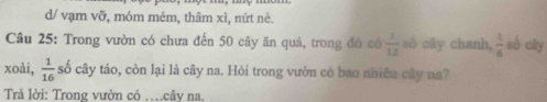 d/ vạm vỡ, móm mém, thâm xì, nứt nẻ.
Câu 25: Trong vườn có chưa đến 50 cây ăn quả, trong đó có  1/12  sò cây chanh,  1/6  số cāy
xoài,  1/16  số cây táo, còn lại là cây na. Hỏi trong vườn cỏ bao nhiêu cây na?
Trả lời: Trong vườn có …cây na.