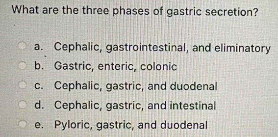 Solved: What are the three phases of gastric secretion? a. Cephalic ...
