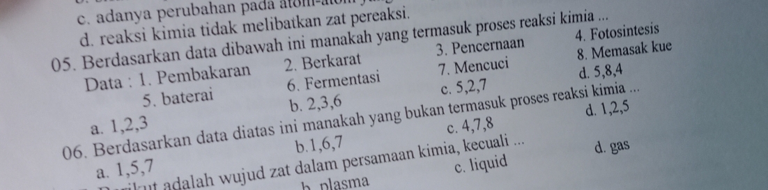 adanya perubahan padá atom ao
d. reaksi kimia tidak melibatkan zat pereaksi.
05. Berdasarkan data dibawah ini manakah yang termasuk proses reaksi kimia ...
Data : 1. Pembakaran 2. Berkarat 3. Pencernaan 4. Fotosintesis
d. 5, 8, 4
5. baterai 6. Fermentasi 7. Mencuci 8. Memasak kue
a. 1, 2, 3 b. 2, 3, 6 c. 5, 2, 7
d. 1, 2, 5
06. Berdasarkan data diatas ini manakah yang bukan termasuk proses reaksi kimia ... c. 4, 7, 8
b. 1, 6, 7
i t adalah wujud zat dalam persamaan kimia, kecuali ...
d. gas
a. 1, 5, 7 c. liquid
h plasma