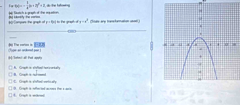 For f(x)=- 1/4 (x+2)^2+2 do the following 
(a) Sketch a graph of the equation. 
(b) Identify the vertex.
(c) Compare the graph of y=f(x) to the graph of y=x^2. (State any transformation used.)
(b) The vertex is (-2,2) 0
(Type an ordered pair.)
(c) Select all that apply.
A. Graph is shifted horizontally.
B. Graph is narowed.
C. Graph is shifted vertically.
D. Graph is reflected across the x-axis
E. Graph is widened.