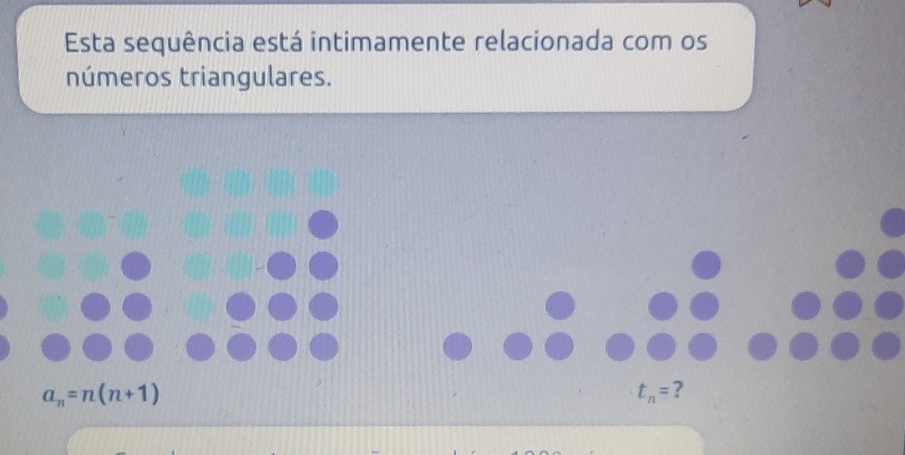 Esta sequência está intimamente relacionada com os 
números triangulares.
a_n=n(n+1)
t_n= ?