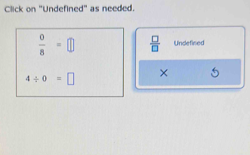 Click on "Undefined" as needed.
 0/8 =□
 □ /□   Undefined
4/ 0=□
×
5