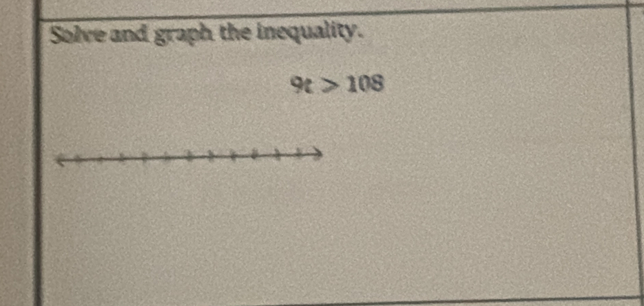 Solve and graph the inequality.
9t>108