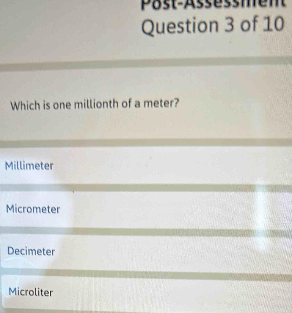 Solved post assessmen question 3 of 10 which is one millionth of a