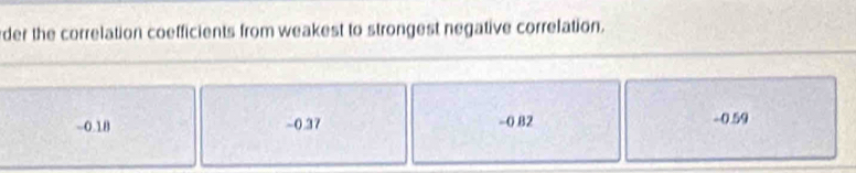 der the correlation coefficients from weakest to strongest negative correlation.
-0.18 -0.37 -0 B2 -0.59