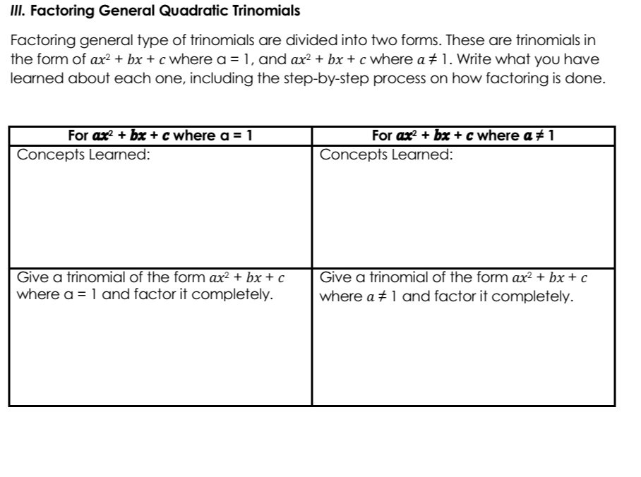 Factoring General Quadratic Trinomials
Factoring general type of trinomials are divided into two forms. These are trinomials in
the form of ax^2+bx+c where a=1 , and ax^2+bx+c where a!= 1. Write what you have
learned about each one, including the step-by-step process on how factoring is done.