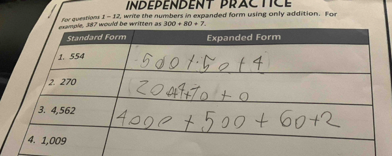 INDEPENDENT PRACTICE
For questions 1-12 , write the numbers in expanded form using only addition. For