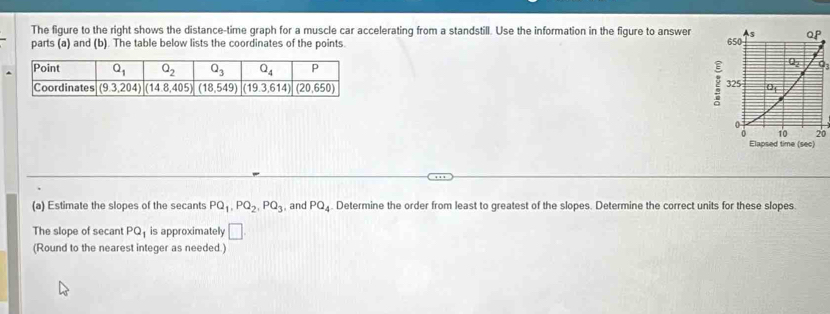 The figure to the right shows the distance-time graph for a muscle car accelerating from a standstill. Use the information in the figure to answer 
parts (a) and (b). The table below lists the coordinates of the points 
2
 
20
Elapsed time (sec)
(a) Estimate the slopes of the secants PQ_1,PQ_2,PQ_3 , and PQ_4. Determine the order from least to greatest of the slopes. Determine the correct units for these slopes.
The slope of secant PQ_1 is approximately □
(Round to the nearest integer as needed.)