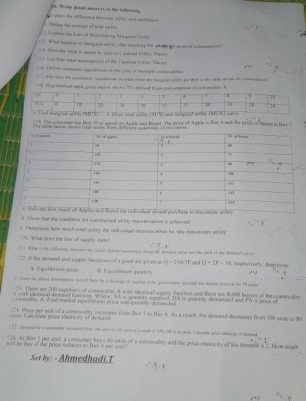 itf: Write detail answers to the following.
Explain the difference berween utility and usefulness''
Define the concept of total utility
2. Explain the Law of Diminisäing Marginal Utility
113. What happens to marginal utility after reaching the satupten poins of consumption?
114. Describe what is meant by utils in Cardinal Utility Theory
115. List four main assemptions of the Cardinal Utility Theory.
116. Define coasumer equilibrium in the case of multiple commodities
11 7. Why does the comsumers" satisfaction increase when the marginal utility per fim is the seme aceoss all commodities?
: 18. Hypothetical table given below shows TU derived from consumption of commodity X
y (MUX) 6. Drm fotal utility (TUX) an
19. The cossumer has Harr 30 to spend on Apple and Bread. The price of Apple is Birr 6 and the price of Bread is Birr 3
The table below shows total acility from differest quantities of two items .
h. Show that the condition for constrained utility maximization is achieved
c. Determine how much total utility the individual receives when he /she maximizes utility
20. What does the law of supply state?
!21. What is the difference netween te causes behind nuement along the demond carve and the shift of the demand corve?
122. If the demand and supply functions of a good are given as Q=250-3P and Q-2P-50 , respectively; determine:
A. Equilibrium price B. Equilibrium quantity
C. From the above information, would there be a shoeage or surpho if the government decided the market price to be 75 uaits
123. There are 200 suppliers of commodity A with identical supply function and there are 8,000 buyers of the commodity
A with identical demand function. Where; SA is quantity supplied, DA is quantity demanded and PA is price of
commodity A. Find market equilibrium price and quantity demanded.
124. Price per unit of a commedity increases from Birr 5 to Birr 6. As a result, the demand decreases from 100 units to 80
units. Calculate price elasticity of demand.
1 25. Dprand for a comenodity increased from 100 writs to 120 unes as a resal of 10% fall in its peice. Calculate price elasticity of demand
126. Ar Birr 5 per unit, a consumer buys 40 units of a commodity and the price elasticity of his demand is 2. How much
will he buy if the price reduces to Birr'4 per unit?
Set by: - Ahmedhadi.T