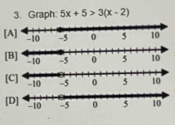 Graph: 5x+5>3(x-2)
[ 
[ 
[ 
[