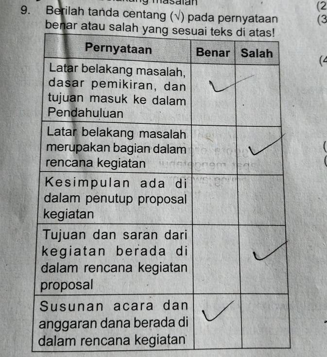 masaian (2 
9. Berilah tanda centang (√) pada pernyataan (3 
(4 
dalam rencana kegiatan