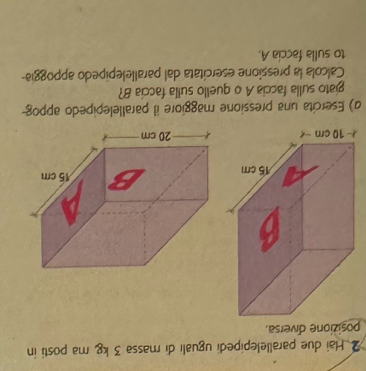 Hai due parallelepipedi uguali di massa 3 kg, ma posti in 
posizione diversa. 
α) Esercíta una pressione maggiore il parallelepipedo appog- 
giato sulla faccia A o quello sulla faccia B? 
Calcola la pressione esercitata dal parallelepípedo appoggia- 
to sulla faccia A.