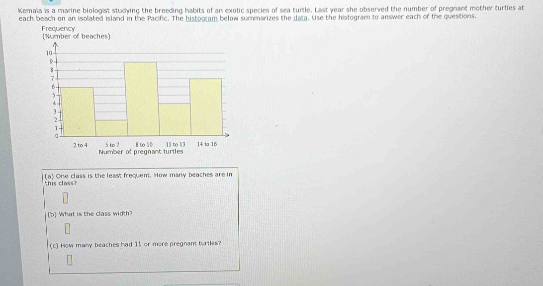 Kemala is a marine biologist studying the breeding habits of an exotic species of sea turtle. Last year she observed the number of pregnant mother turtles at 
each beach on an isolated island in the Pacific. The histogram below summarizes the data. Use the histogram to answer each of the questions. 
Frequency 
(Number of beaches) 
Num 
(a) One class is the least frequent. How many beaches are in 
this class? 
(b) What is the class width? 
(c) How many beaches had 11 or more pregnant turtles?