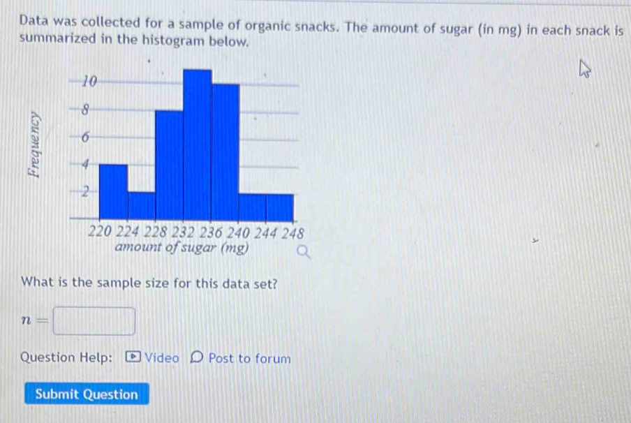 Data was collected for a sample of organic snacks. The amount of sugar (in mg) in each snack is 
summarized in the histogram below. 
What is the sample size for this data set?
n=
Question Help: Video Post to forum 
Submit Question