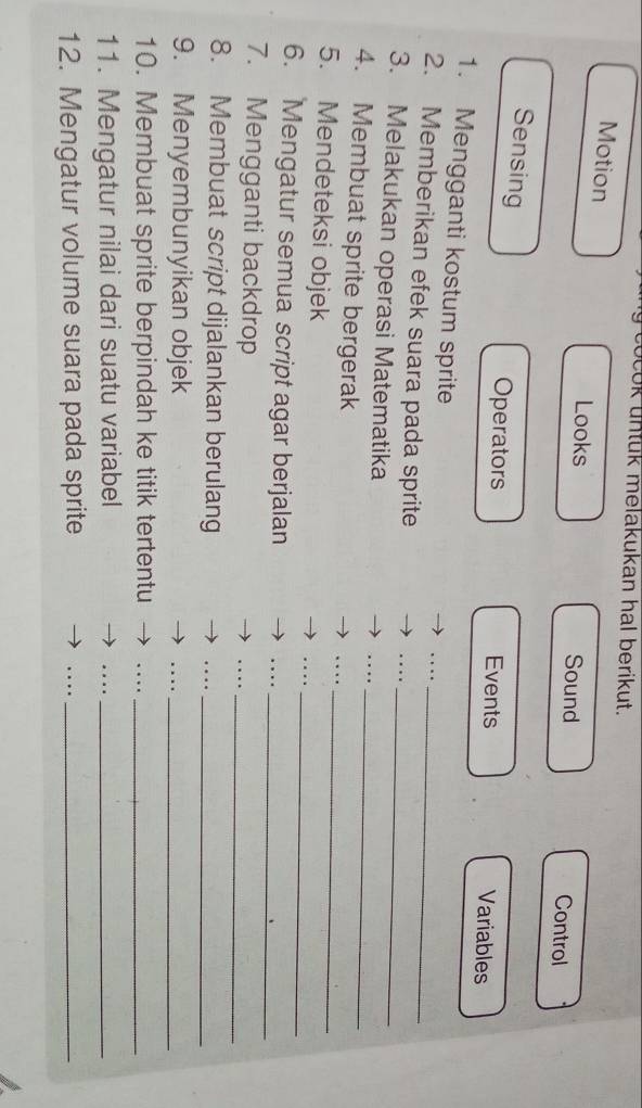 ocok untuk melakukan hal berikut. 
Motion Looks Control 
Sound 
Sensing Operators Variables 
Events 
1. Mengganti kostum sprite 
… 
2. Memberikan efek suara pada sprite …_ 
3. Melakukan operasi Matematika_ 
_ 
4. Membuat sprite bergerak_ 
_ 
5. Mendeteksi objek 
6. Mengatur semua script agar berjalan_ 
7. Mengganti backdrop 
_ 
8. Membuat script dijalankan berulang_ 
9. Menyembunyikan objek 
_ 
10. Membuat sprite berpindah ke titik tertentu_ 
11. Mengatur nilai dari suatu variabel_ 
12. Mengatur volume suara pada sprite_