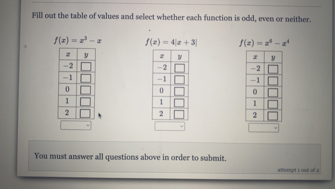 Fill out the table of values and select whether each function is odd, even or neither.
f(x)=x^3-x
f(x)=4|x+3|
f(x)=x^6-x^4
You must answer all questions above in order to submit.
attempt 1 out of 2