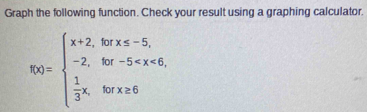 Graph the following function. Check your result using a graphing calculator.
f(x)=beginarrayl x+2,forx≤ -5, -2,gor-5