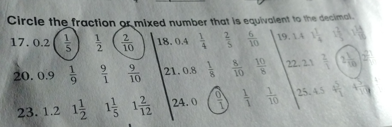 Circle the fraction or mixed number that is equivalent to the decimal.
17. 0.2  1/5   1/2   2/10  18. 0.4  1/4   2/5   6/10  19. 1.4 1 1/4  1 2/5   14/10 
20. 0.9  1/9   9/1   9/10  21. 0.8  1/8   8/10   10/8  22. 2.1  2/1  2 1/10  2 21/10 
23. 1.2 1 1/2  1 1/5  1 2/12  24.0  O/1   1/1   1/10  25. 4.5 4 5/1  4 5/10 
beginarrayr + -endarray