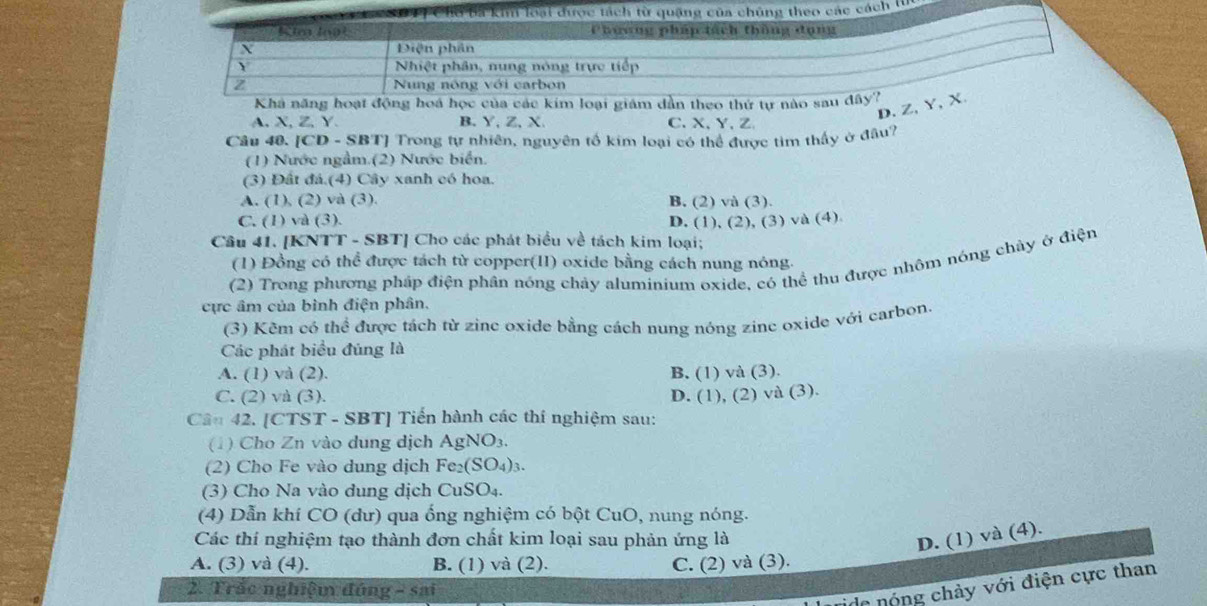 hể tả khi loại được tách từ quặng của chúng theo các cách ti
Kim loại Phương pháp tách thông đụng
X Điện phản
Y Nhiệt phân, nung nóng trực tiếp
Z Nung nóng với carbon
Khả năng hoạt động hoá học của các kim loại giám dần theo thứ tự nào sau đây?
D. Z, Y,X.
A, X,Z, Y. B. Y, Z, X C、X,Y,Z
Câu 40. [CD - SBT] Trong tự nhiên, nguyên tố kim loại có thể được tìm thấy ở đầu?
(1) Nước ngầm.(2) Nước biển.
(3) Đất đá.(4) Cây xanh có hoa.
A. (1), (2) và (3). B. (2) và (3).
C. (1) và (3). D. (1), (2), (3) và (4)
Câu 41. [KNTT - SBT] Cho các phát biểu về tách kim loại;
(1) Đồng có thể được tách từ copper(II) oxide bằng cách nung nóng.
(2) Trong phương pháp điện phân nóng chảy aluminium oxide, có thể thu được nhôm nóng chây ở điện
ực âm của bình điện phân.
(3) Kẽm có thể được tách từ zinc oxide bằng cách nung nóng zinc oxide với carbon.
Các phát biểu đúng là
A. (1) và (2). B. (1) và (3).
C. (2) và (3).
Cân 42. [CTST - SBT] Tiến hành các thí nghiệm sau: D. (1), (2) và (3).
(1) Cho Zn vào dung dịch AgNO₃.
(2) Cho Fe vào dung dịch Fe₂(SO₄)3.
(3) Cho Na vào dung dịch CuSO₄.
(4) Dẫn khí CO (dư) qua ống nghiệm có bột CuO, nung nóng.
Các thí nghiệm tạo thành đơn chất kim loại sau phản ứng là D. (1) và (4).
A. (3) và (4). B. (1) và (2). C. (2) và (3).
2. Trắc nghiệm đóng - sai
le nóng chày với điện cực than