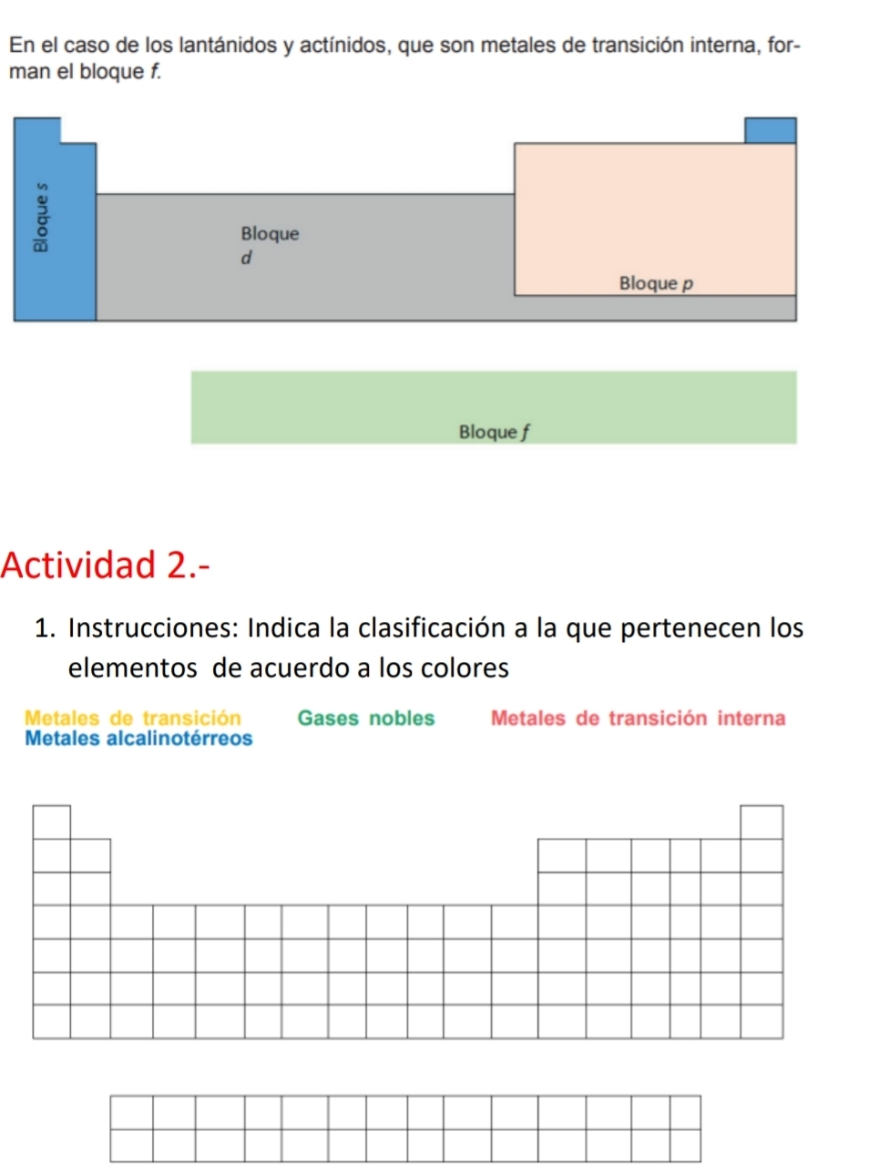 En el caso de los lantánidos y actínidos, que son metales de transición interna, for- 
man el bloque f. 
Bloque f 
Actividad 2.- 
1. Instrucciones: Indica la clasificación a la que pertenecen los 
elementos de acuerdo a los colores 
Metales de transición Gases nobles Metales de transición interna 
Metales alcalinotérreos