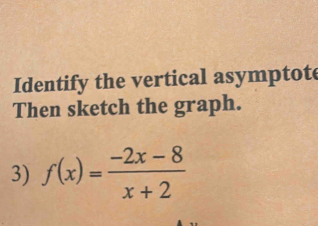 Identify the vertical asymptote 
Then sketch the graph. 
3) f(x)= (-2x-8)/x+2 