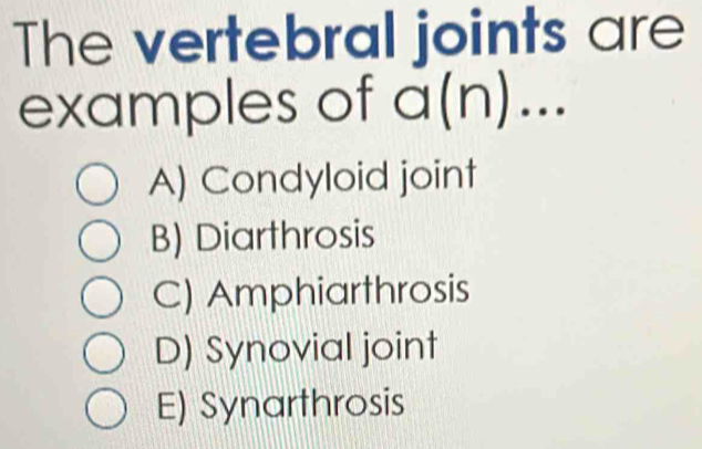 The vertebral joints are
examples of a(n)...
A) Condyloid joint
B) Diarthrosis
C) Amphiarthrosis
D) Synovial joint
E) Synarthrosis